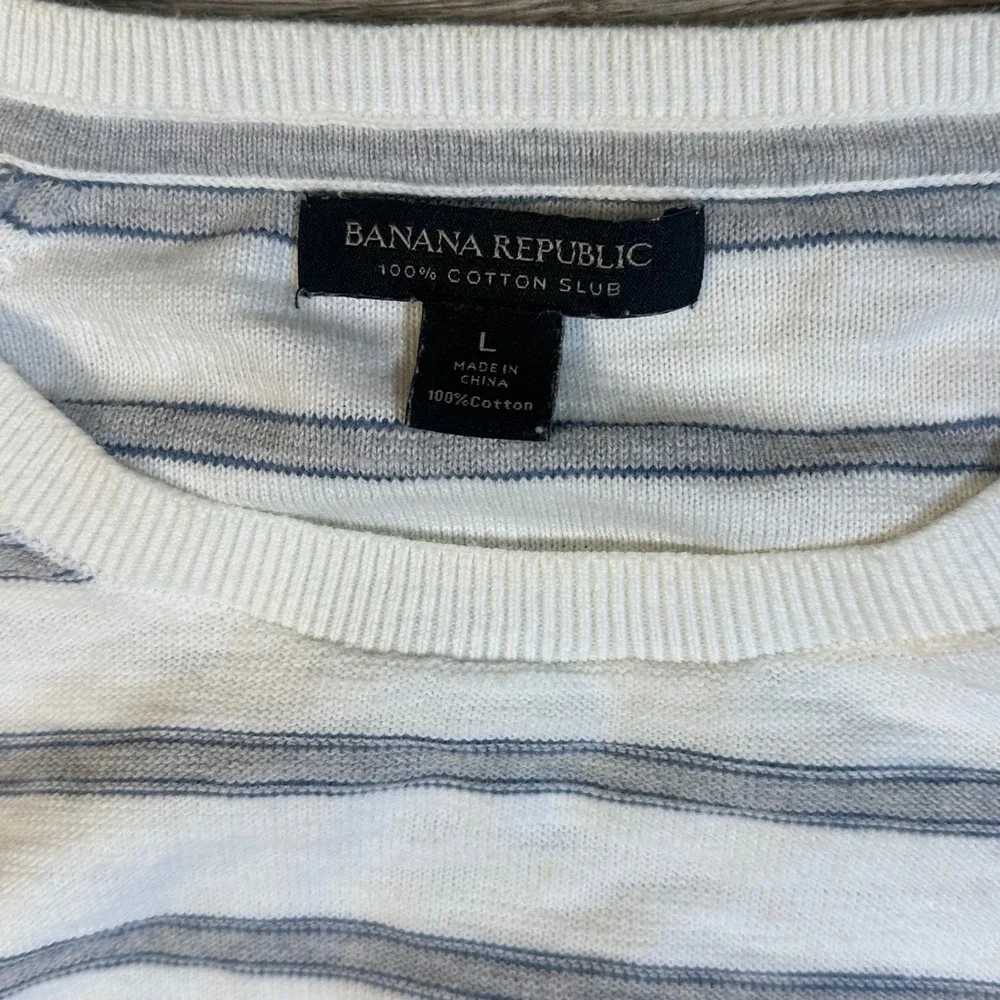Banana Republic Mens White Grey Striped Cotton Slub Crewneck Sweater Large L